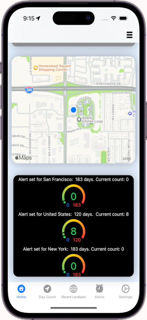 Domicile365 Residency Tracker - Domicile365 app home screen showing a map view and day count alerts for tax residency tracking in San Francisco and New York