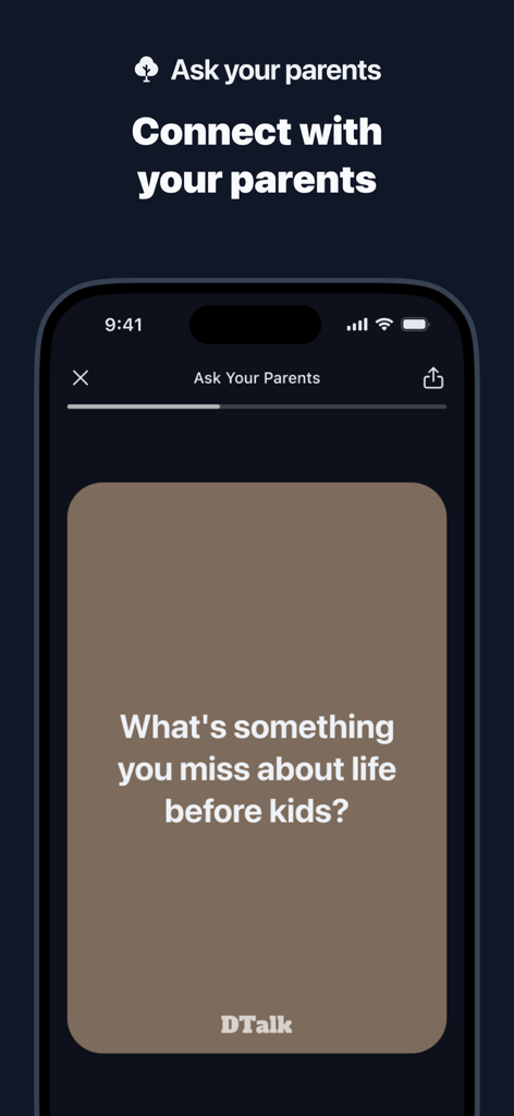 Conversation starters: DTalk - Captura de pantalla de la aplicación DTalk con una tarjeta para iniciar conversaciones para padres preguntando qué extrañan de la vida antes de los hijos.