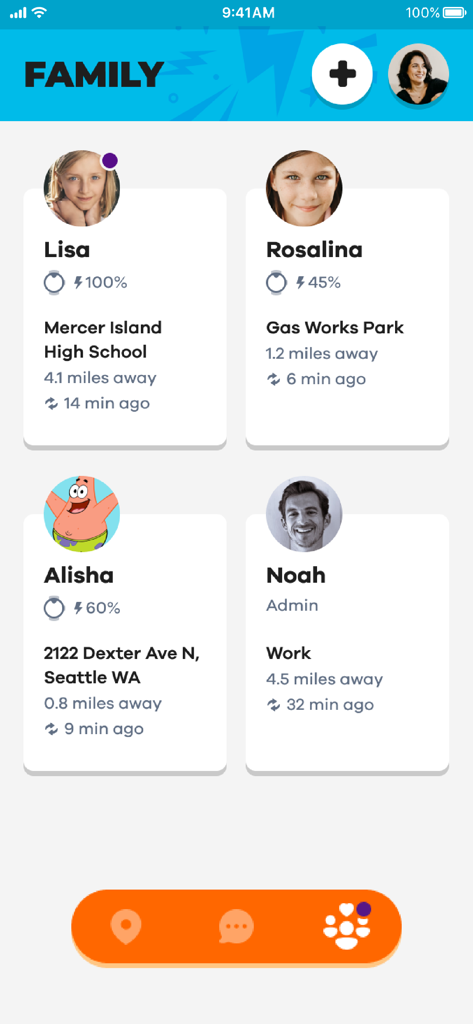NickWatch: Parent App - Painel do App dos Pais NickWatch mostrando localizações em tempo real dos membros da família e níveis de bateria do relógio