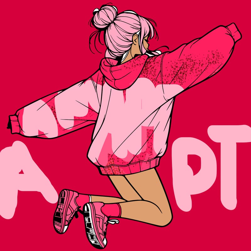 realistic girl jumping with a bun and oversized sweatshirt