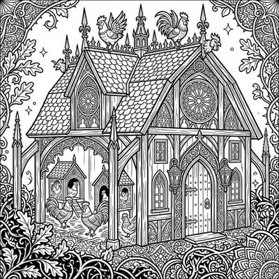 Step into a world where farm life meets dark fantasy with this stunning Gothic poultry barn coloring page. Adorned with intricate details and surrounded by whimsical chickens, it offers a truly unique artistic escape.