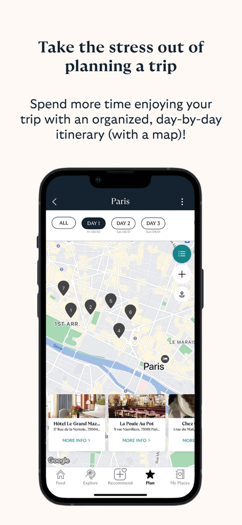 Smartphone screen displaying a day-by-day travel itinerary with a map of Paris featuring curated recommendations.
