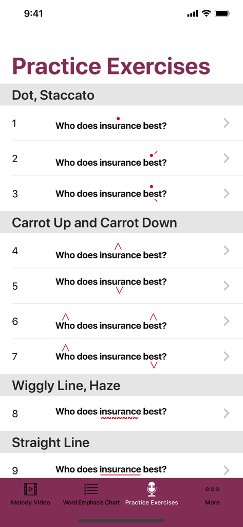 Adding Melody To Your Voice app interface showing vocal practice exercises for emphasis and tone.