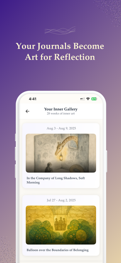 Life Note: Journal With Greats - Life Note app showing the Inner Gallery feature where journal entries are transformed into artistic illustrations for reflection
