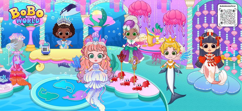 BoBo World: The Little Mermaid - BoBo Worldの、様々​​な人魚のキャラクターとインタラクティブな要素があるカラフルな海中のシーン。