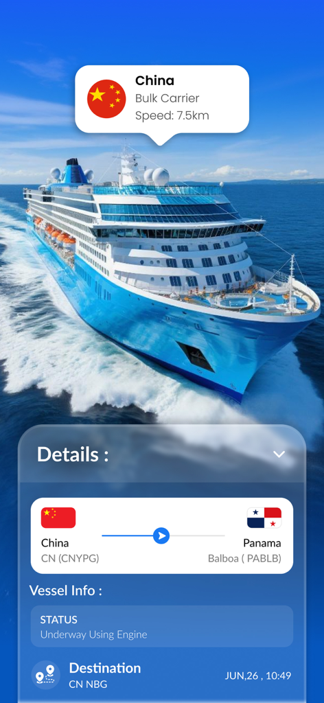 Interfaz de seguimiento de barcos en tiempo real que muestra detalles de la embarcación e información de la ruta