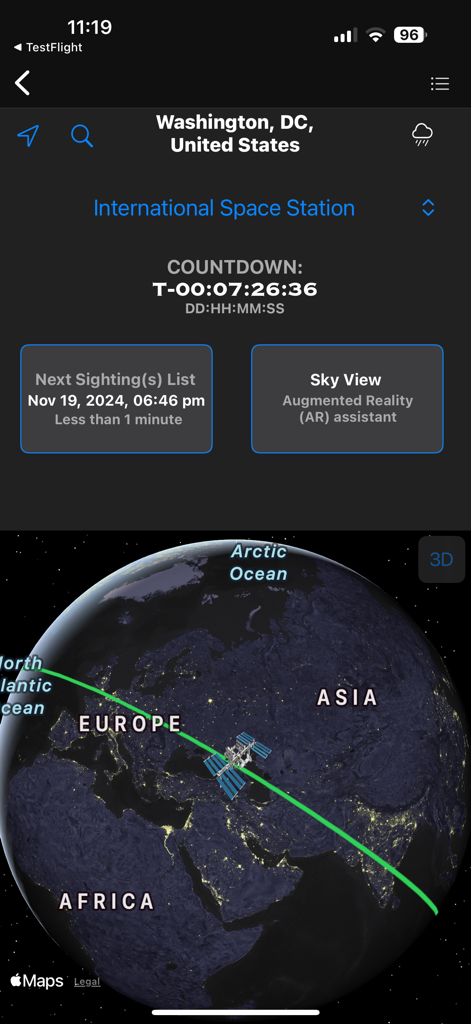 NASA - NASA app screen showing International Space Station tracking with sighting countdown and 3D orbital path map