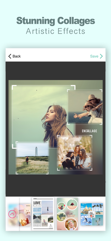 Encollage - Pic Collage Maker - Interface de criação de colagem de fotos artística com vários modelos de layout