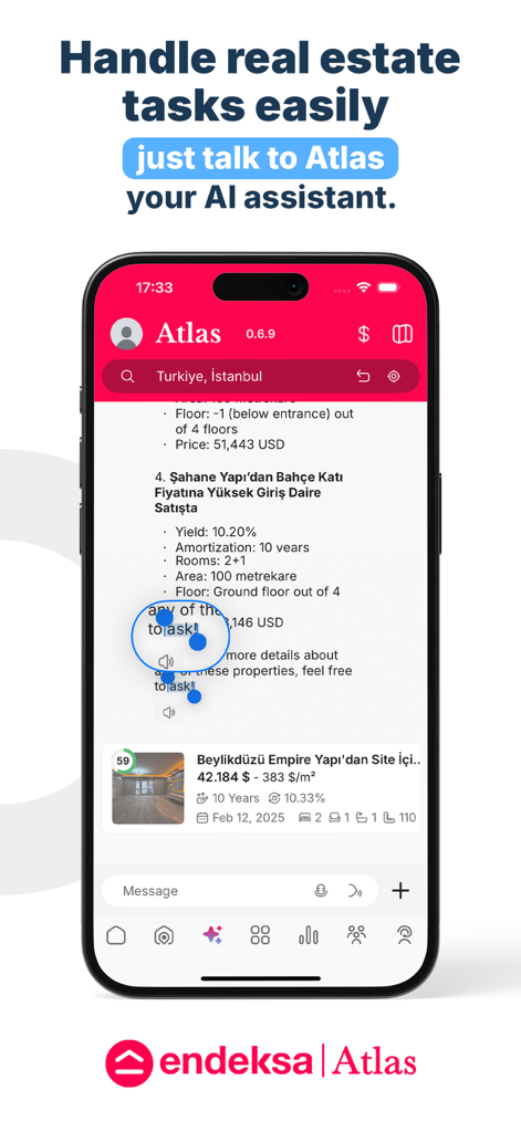 Endeksa: Value & Sell Property - Endeksa Atlas AI不動産アシスタントが物件の詳細と投資分析を示しています