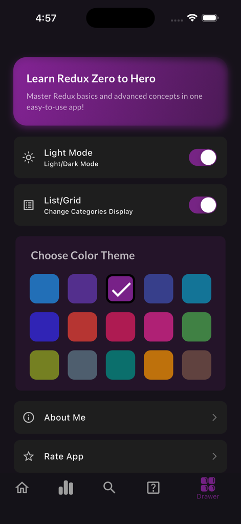 Learn Redux - Settings screen of the Learn Redux app showing theme color options and display mode toggles.