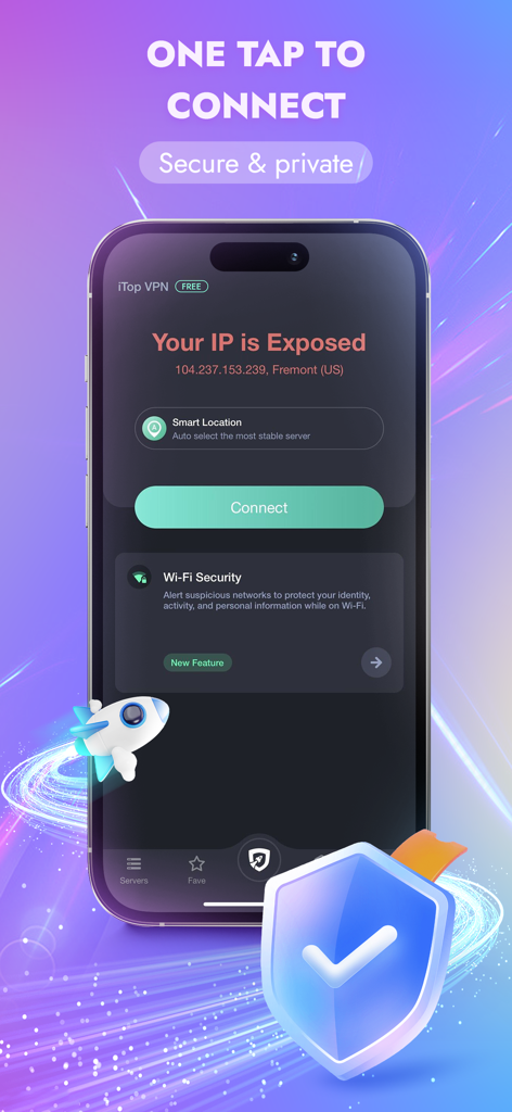 iTop VPN: Unlimited Fast Proxy - iTop VPN mobile app interface showing a one-tap connect button and privacy security status