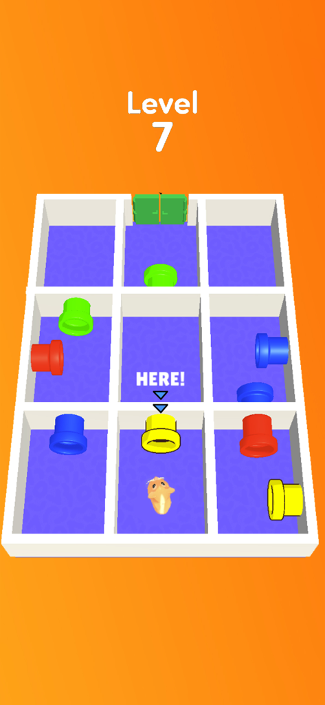 Hamster Dash: Puzzle Maze! - A cute hamster navigates a grid-based maze with colorful pipes in Level 7 of Hamster Dash.