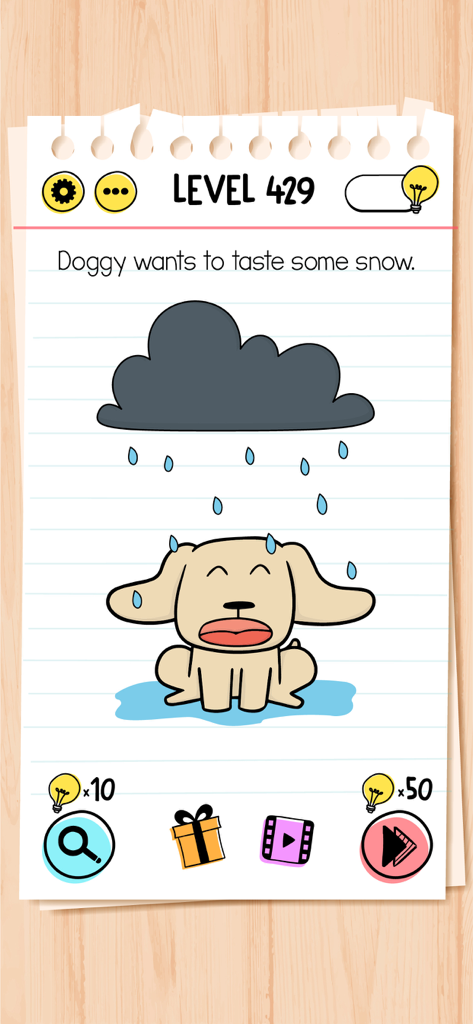 Brain Test: Tricky Puzzles - Um cachorro de desenho animado sentado sob uma nuvem de chuva em um nível de quebra-cabeça de Brain Test Tricky Puzzles