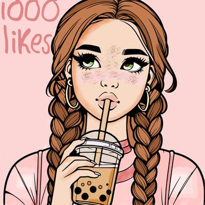 realistic girl with braided hair drinking boba
