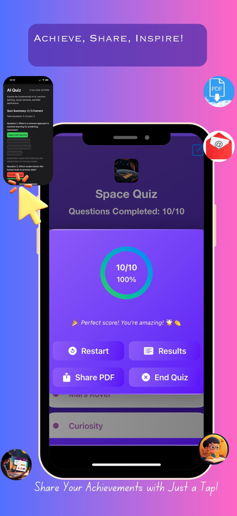AI Quiz Maker: Flashcards - Pantalla de compartir resultados de la aplicación AI Quiz Maker mostrando una puntuación perfecta del 100 por ciento y opciones para compartir resultados como PDF.