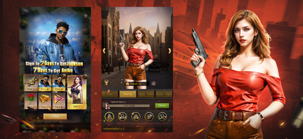 Screenshots of Mafia City showing login rewards and character Aniko holding a gun.