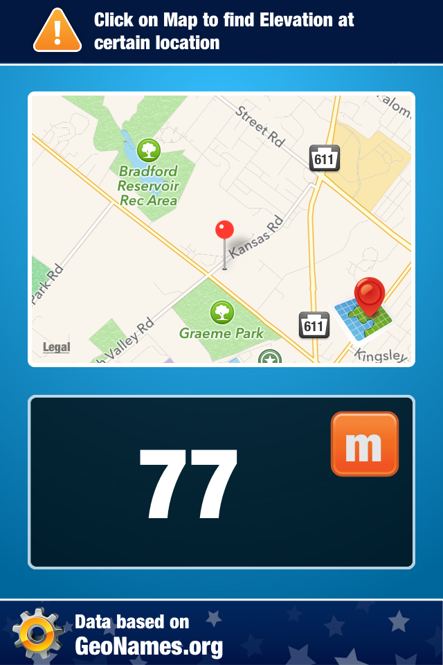 Map Elevation and Altitude Tool for Height Measure - 지도 핀 드롭과 77미터의 고도 측정을 보여주는 앱 인터페이스.