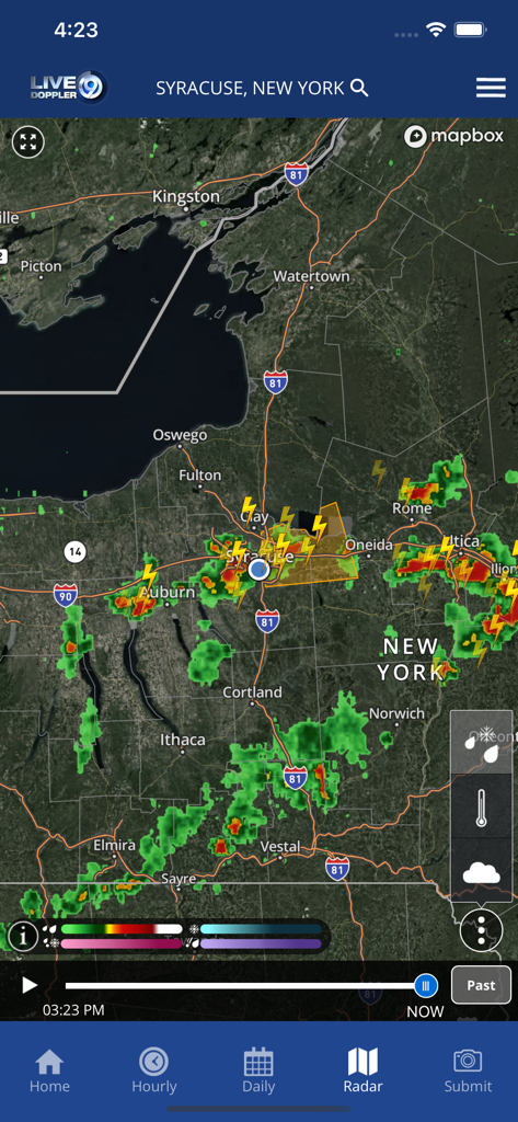 Interactive Live Doppler 9 radar map showing weather patterns and storms over Central New York and Syracuse.