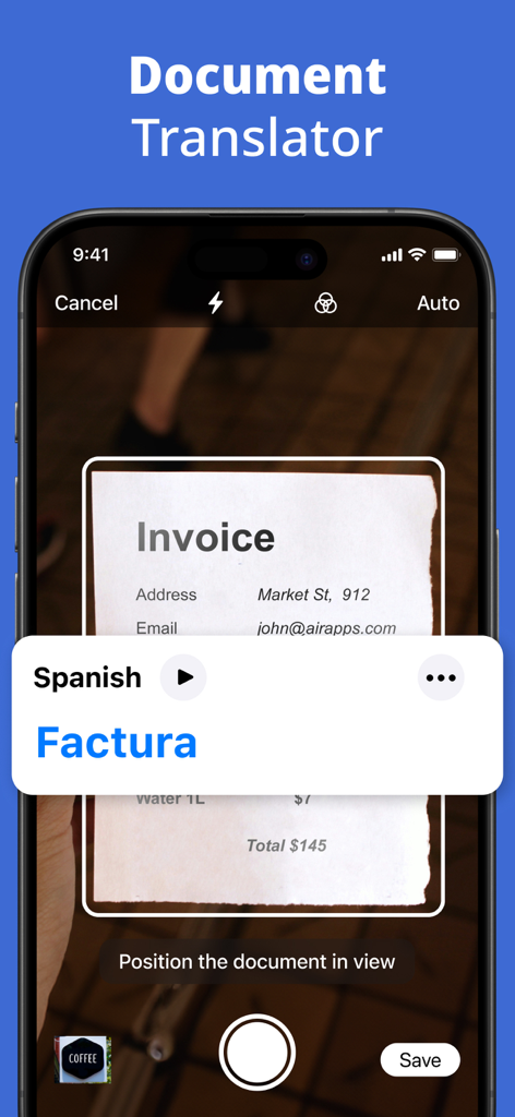 Una pantalla de smartphone que muestra una aplicación de traducción de documentos escaneando una factura y proporcionando una traducción al español