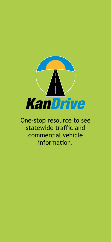 Écran d'accueil de l'application KanDrive avec le logo et le slogan la décrivant comme une ressource unique pour le trafic au Kansas et les informations sur les véhicules commerciaux.