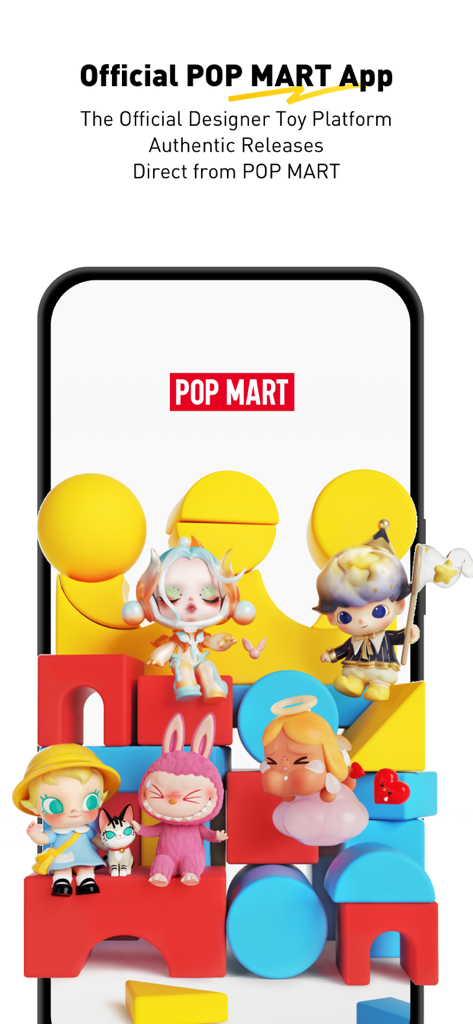 Official POP MART Americas app home screen featuring colorful designer art toy characters and collectibles