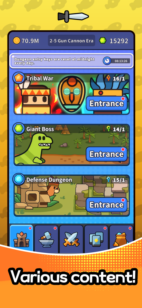 Time War : Origin - Screenshot of Time War Origin interface showing different game modes like Tribal War Giant Boss and Defense Dungeon