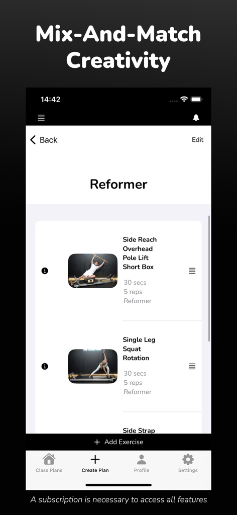 The Class Plan - Mobile app interface showing a list of reformer pilates exercises with videos and instructions for creating a custom lesson plan