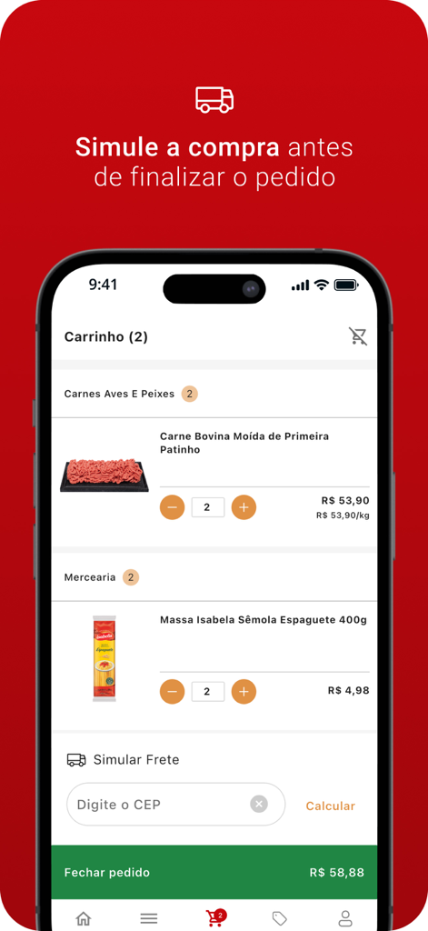 Supper Rissul - A mobile app screen showing the Supper Rissul shopping cart with grocery items and a shipping simulation feature