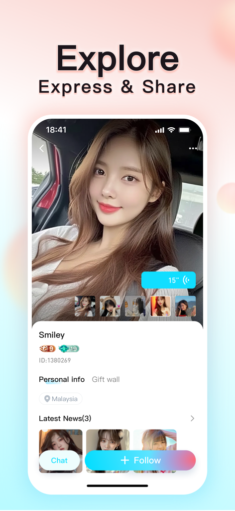 ByMe -Stand by Me! - Una pantalla de perfil de usuario en la aplicación ByMe que muestra fotos personales y un botón de introducción de voz.