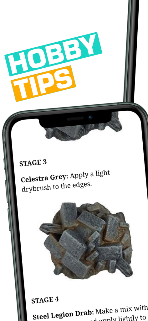 Smartphone displaying a miniature painting guide from the Tabletop Gaming app.