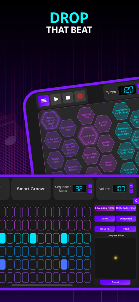 LoopForge - Interfaz de la aplicación móvil LoopForge con un secuenciador de 32 pasos y filtros de producción musical