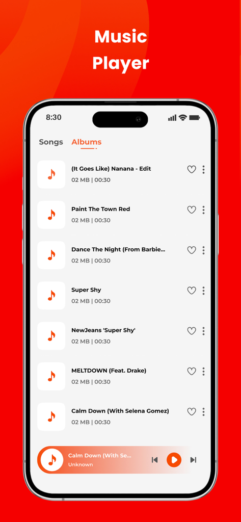 Interfaccia dell'App Musica Offline che mostra un elenco di canzoni e controlli di riproduzione