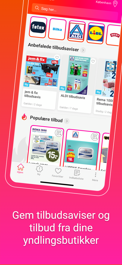 Screenshot of the Danish circular app showing weekly grocery flyers and store deals