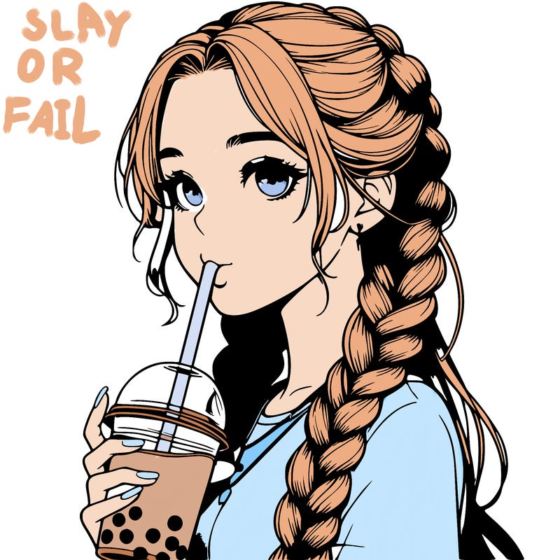 realistic girl with braided hair drinking boba