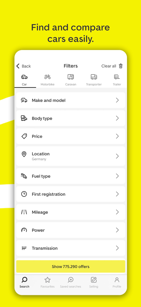 Una captura de pantalla de la aplicación AutoScout24 que muestra filtros de búsqueda detallados para marca de coche, modelo, precio y tipo de combustible.