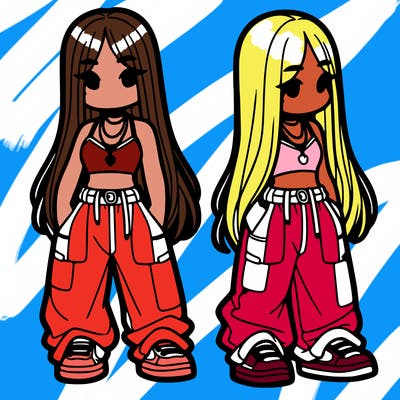 girl in baggy pants crop top and long hair