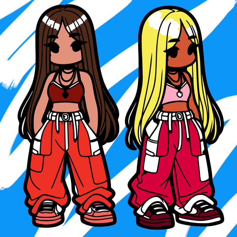 girl in baggy pants crop top and long hair