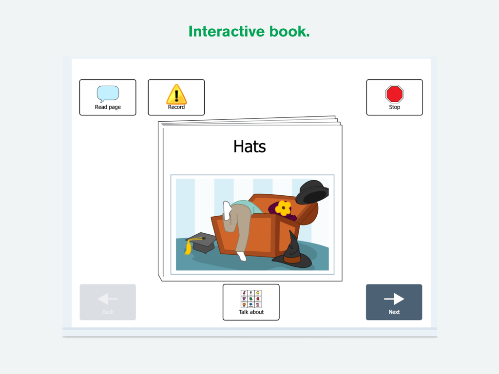 Boardmaker 7 Student Center - Interface of Boardmaker 7 Student Center showing an interactive digital book titled Hats with symbol supported navigation controls