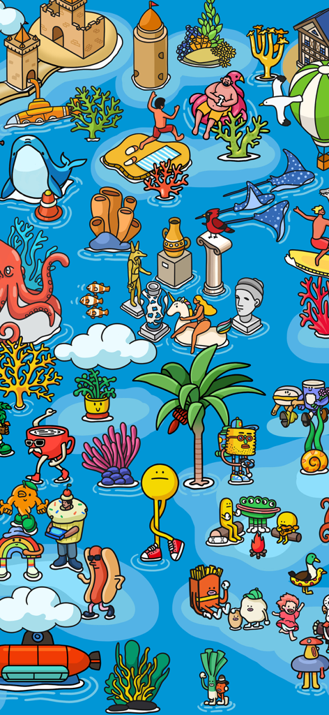 Stickers Diary - ASMR puzzle - A vibrant and crowded cartoon illustration featuring various whimsical characters and objects on a blue background