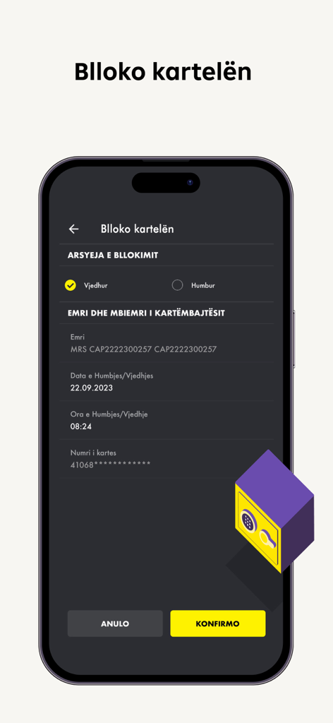 Raiffeisen Bank Kosovo Mobile - Interface for blocking a debit or credit card in the Raiffeisen Bank Kosovo Mobile app