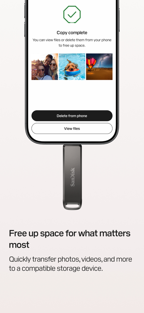 SanDisk Memory Zone - SanDisk Memory Zoneアプリのインターフェースに、物理ドライブに写真が転送された後のコピー完了画面が表示されています
