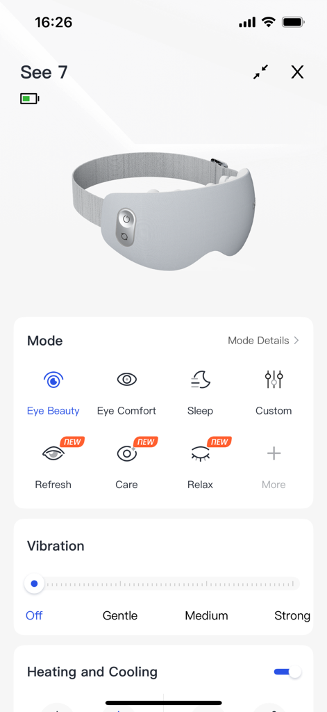 breo - Breo app interface showing controls for the See 7 eye massager including mode selection, vibration intensity, and heating settings