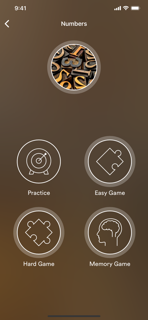 A menu screen showing practice and game options for learning numbers in Latin American Spanish