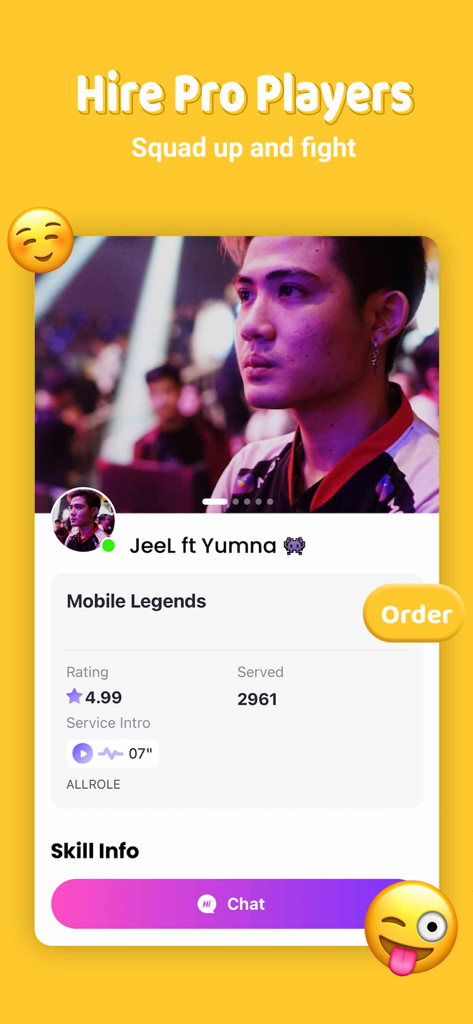 Lita - Meet Gamer Friends - A professional player profile in the Lita app showing service details for Mobile Legends