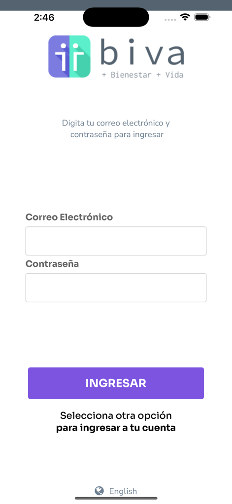 Biva Recordatorio Medicamentos - Pantalla de inicio de sesión de la aplicación Biva Medication Reminder en español con campos de correo electrónico y contraseña y un botón morado de "Iniciar sesión"
