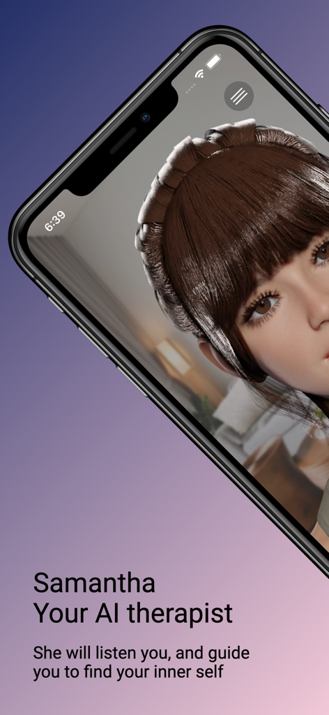 AI Therapist: Samantha - Close-up of a 3D AI character named Samantha on a mobile screen for mental health support