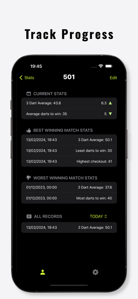Dart Bot app screen showing 501 game performance statistics and match records