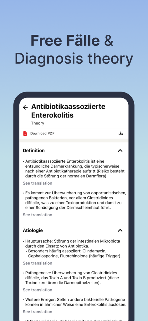 Interface do aplicativo Alemão Médico mostrando uma tela de teoria de diagnóstico para profissionais de saúde.