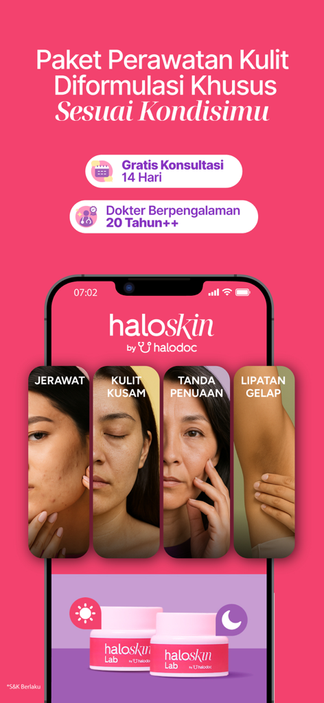 Haloskin by Halodoc app screen showcasing personalized skincare packages and online dermatological consultations