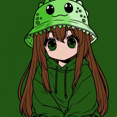 girl with anime shaped eyes with a dinosaur bucket hat oversized sweatshirt long straight hair